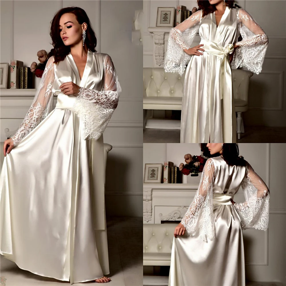 

Chic Ivory Satin Silk Night Robes Women Lace Appliques Long Sleeve Photoshoot Dress Both Robe Formal Event Overlay Sleepwear