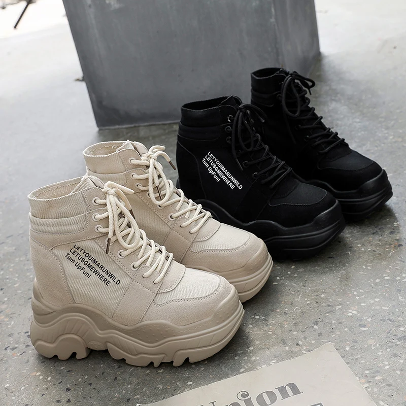 2022 New Autumn Boots Women High Platform Sneakers 12CM Height Increasing Ankle Boots Thick Sole Breathable Canvas Shoes Woman