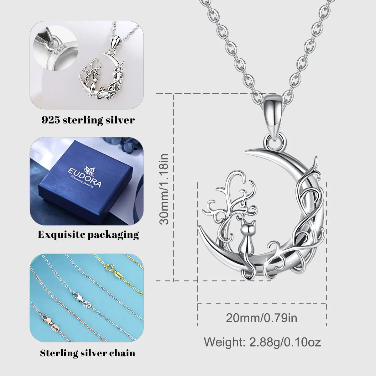 EUDORA 925 Sterling Silver Cat tree of Life Pendant Necklace Cat Sit on Moon Necklace Fashion Woman Charm Jewelry with Box 753