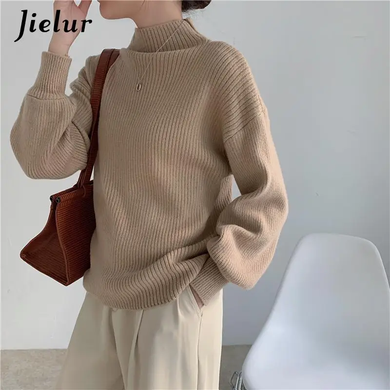 Jielur Lantern Sleeve Sweater Women Turtleneck Office Lady Pure Color Knitted Pullover Loose White Khaki Sweaters for Women