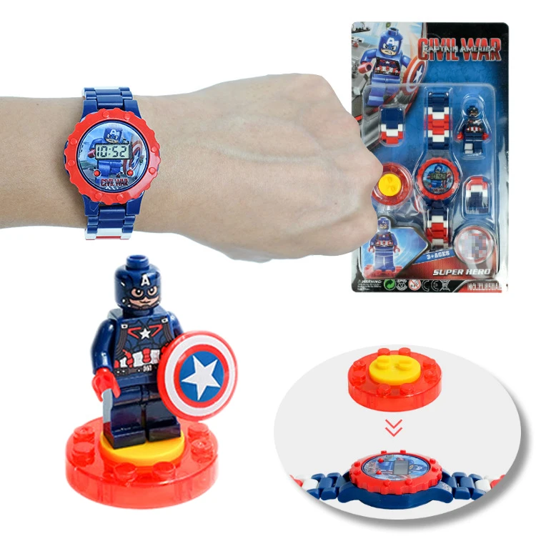 The Avengers Spiderman iron Man LED electronic watch Building Blocks Assemble Doll Creativity electronic watch Boy toy watch