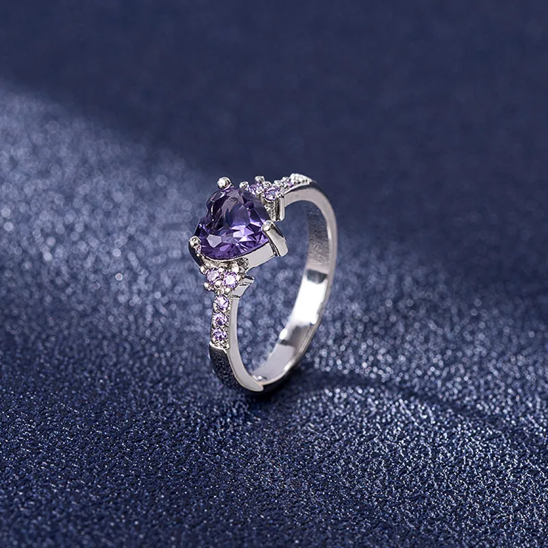 Heart Ring 925 Silver Jewelry with Purple Zircon Gemstone Finger Rings for Women Wedding Promise Bridal Party Gift Accessories