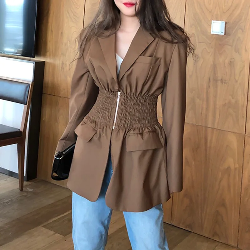 

New Fashion Slim Women Gold Brown Pleated Waist Loose Suit High-quality Tops Ladies Blazer Coat