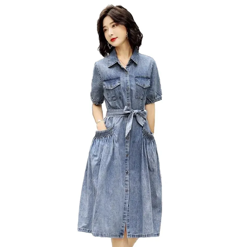 

Summer Women Denim Dress Casual Short Sleeve Loose Turn-down Collar Office Lady Work Dress Lady Swing Midi Dresses
