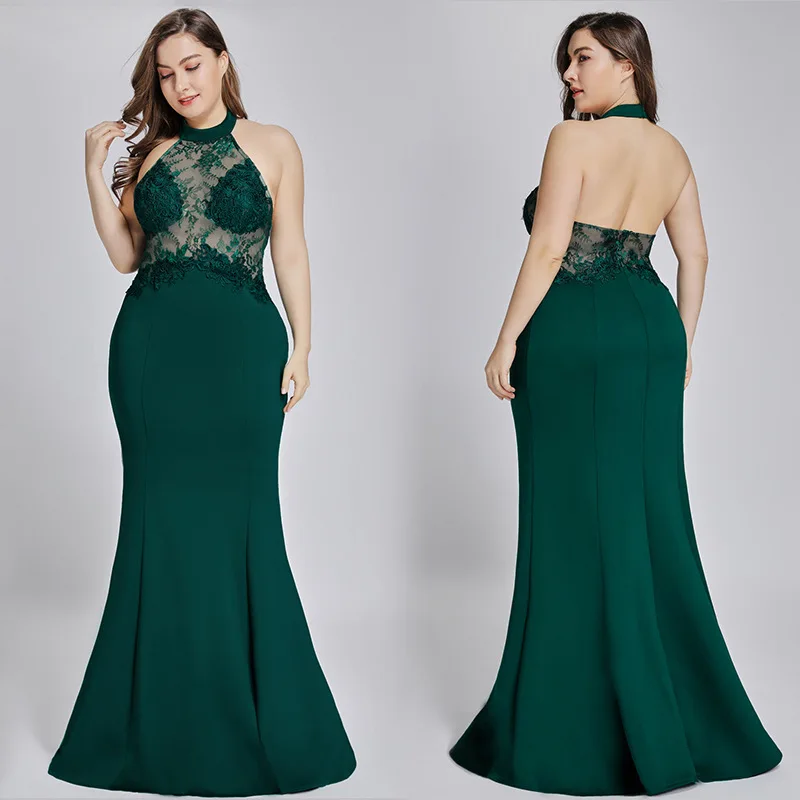 

Plus Size Mermaid Sexy Lace Evening Dress Green Halter Sleeveless Floor-length Dress Backless Zipper-up Dress for Party