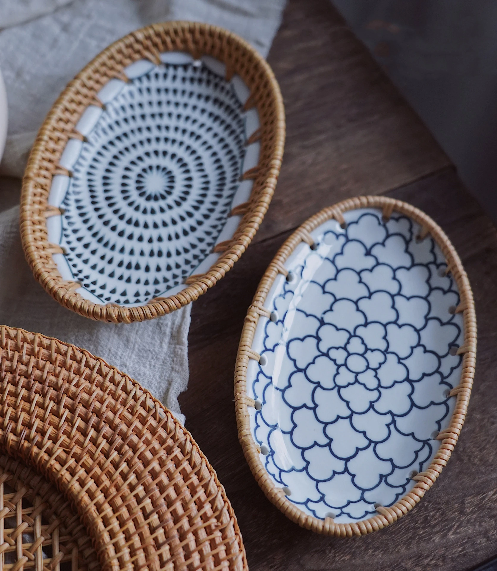 Handmade Rattan Oval Storage Box, Porcelain Combination, Fruit, Dessert, Dried Fruit Tray Ins Wind, Vietnam, New