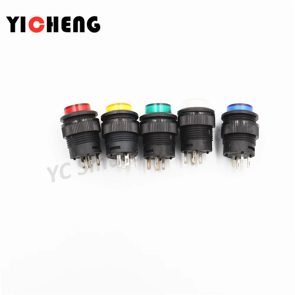 5Pcs R16-503 key button switch with light jog reset self-locking switch round 4 Pin 2 Pin 16MM With light  LED 3V