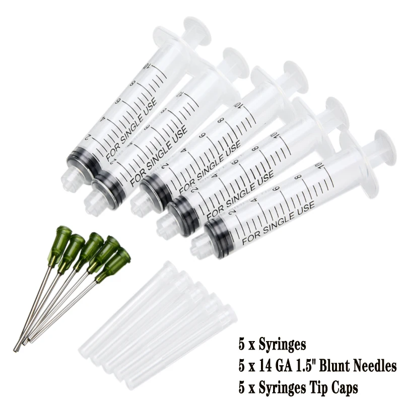 1/5 Pack 5/10ml Transparent Blunt Tip Syringe 5pcs Blunt Tip Needle & 5pcs Tip Cap sets For Industrial Tool