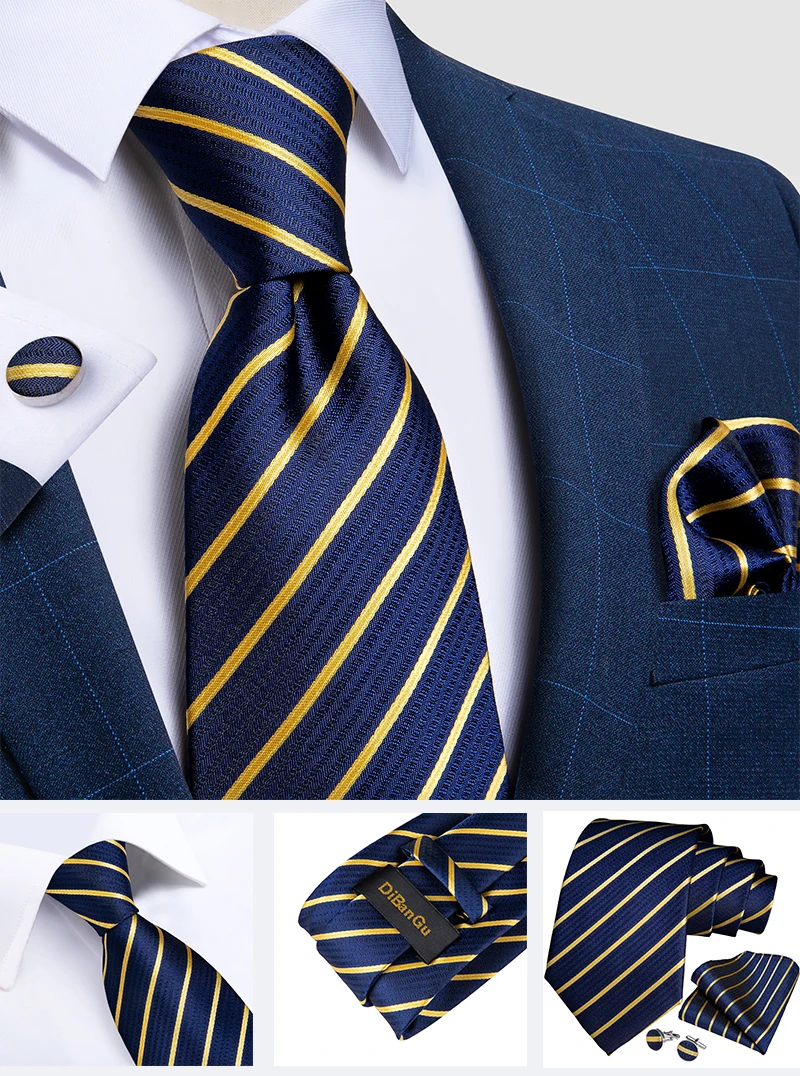 Klassische marineblaue Herrenkrawatte, gestreift, Paisley-Blumenmuster, Krawatten-Set mit Einstecktuch und Manschettenknöpfen, Business-Krawatten-Set, Geschenk für Männer – Detail 30