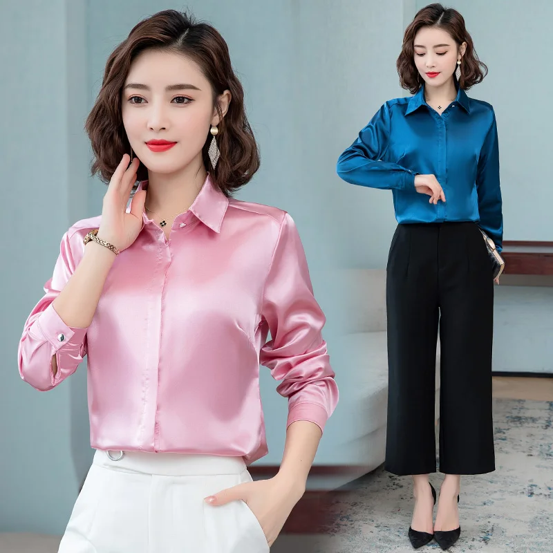 Camisa elegante de oficina para mujer, Blusa de manga larga con solapa y botones ocultos, blusa básica brillante de seda satinada