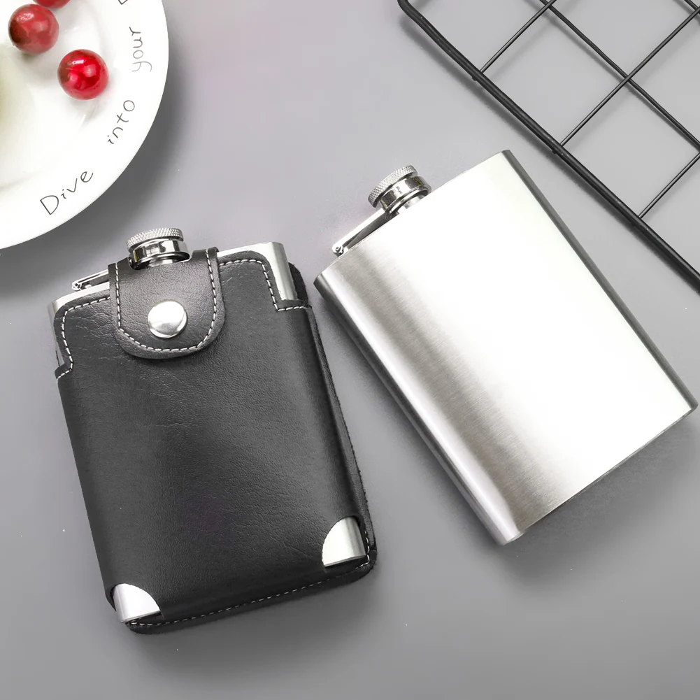 Stainless Steel Hip Flask Flagon Liquor Whiskey Alcohol Wine Pot Bottle with Leather Case Outdoor Camping Portable Drinkware 8oz