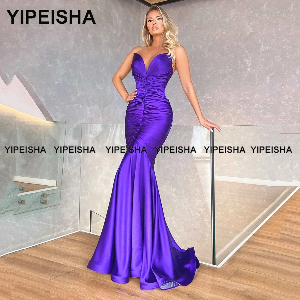 Yipeisha Mermaid สีม่วงพรหมชุด Abendkleider ซาตินชุดราตรียาว Robe De Bal จีบพรรคอย่างเป็นทางการชุดที่กำหนดเอง