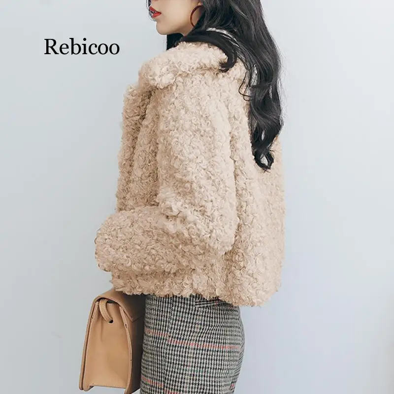 Curly Lamb Faux Fur Jacket Coat Women Turn Down Collar Furry Fake Fur Jacket for Women Winter Warm Fluffy Jackets Outerwear