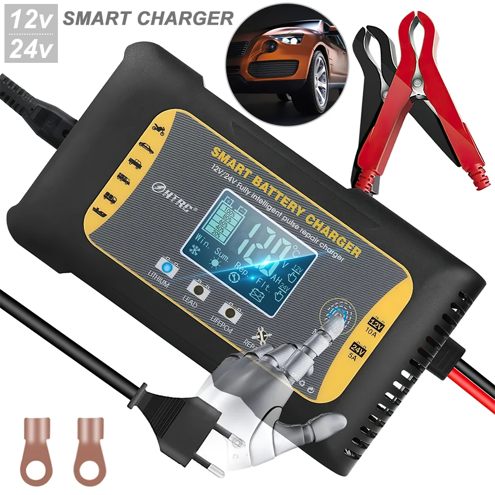 Car Battery Charger 12V/24V Automotive Smart Battery Charge with LCD Screen Maintainer/Pulse Repair Charger for Car, Motorcycle