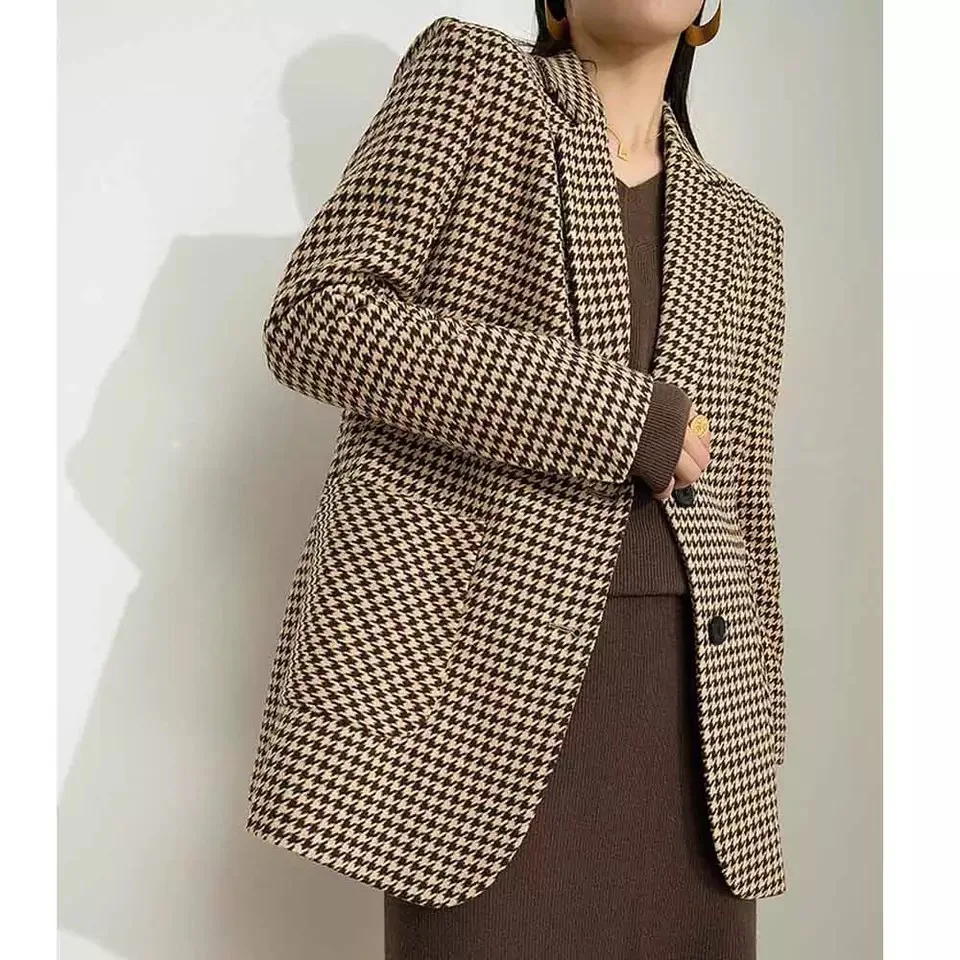 Retro houndstooth woolen small suit jacket 2021 spring new temperament Korean thick woolen cloth ladies