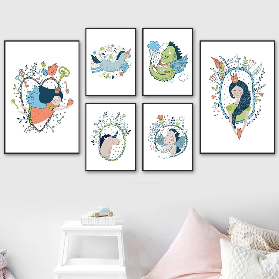 Girl Unicorn Dinosaur Bird Wing Crown Flower Wall Art Canvas Painting Nordic Posters And Prints Wall Pictures Kids Room Decor
