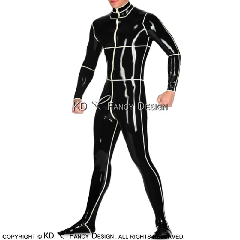 Black And White Stripes Sexy Latex Catsuit With Feet Front To Back Crotch Zipper Rubber Body Suit Bodysuit Zentai LTY-0146