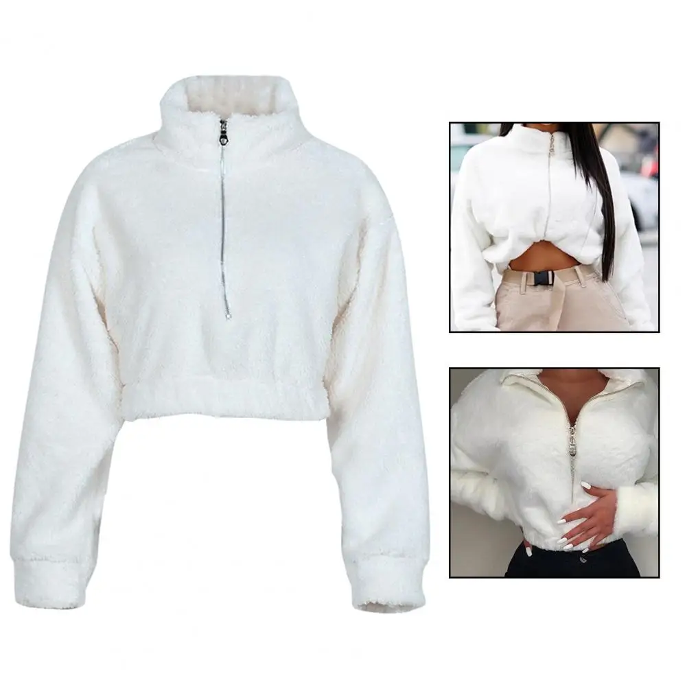 Women Sweatshirt Solid Color All Match Faux Fur Warm Waist Tight Pullover for Autumn Winter