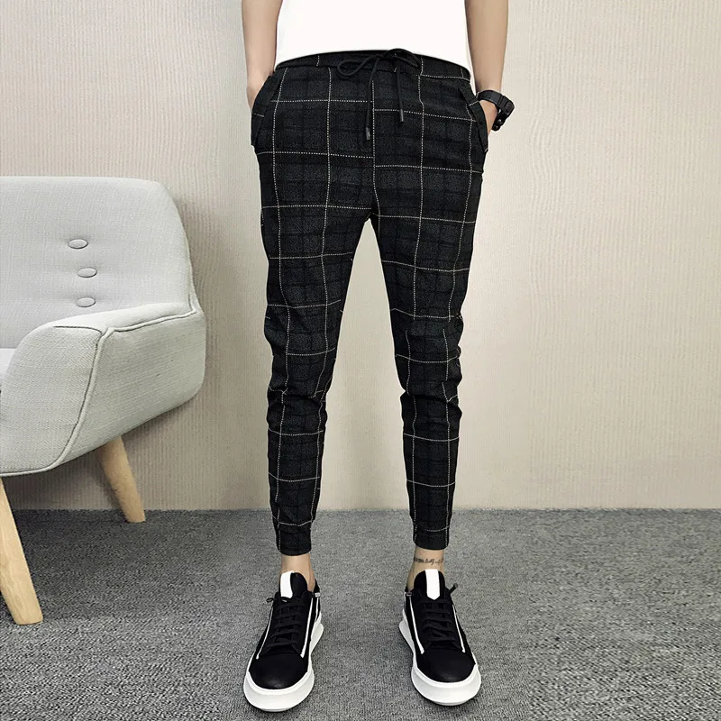 New style fashion Male  Elastic waistline leisure joggers sweatpants/Men High-grade pure cotton tight grid Pencil pants