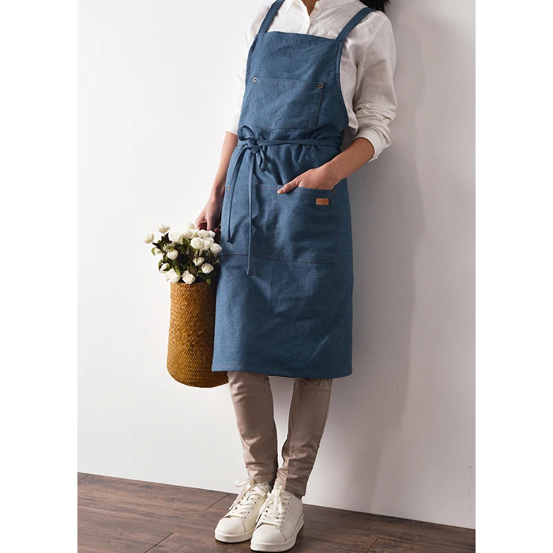 Women's Cotton Linen Bib Apron, Japanese Style Sleeveless Pinafore, Home Kitchen, Coffee Cooking, Florist Aprons, Denim Dress