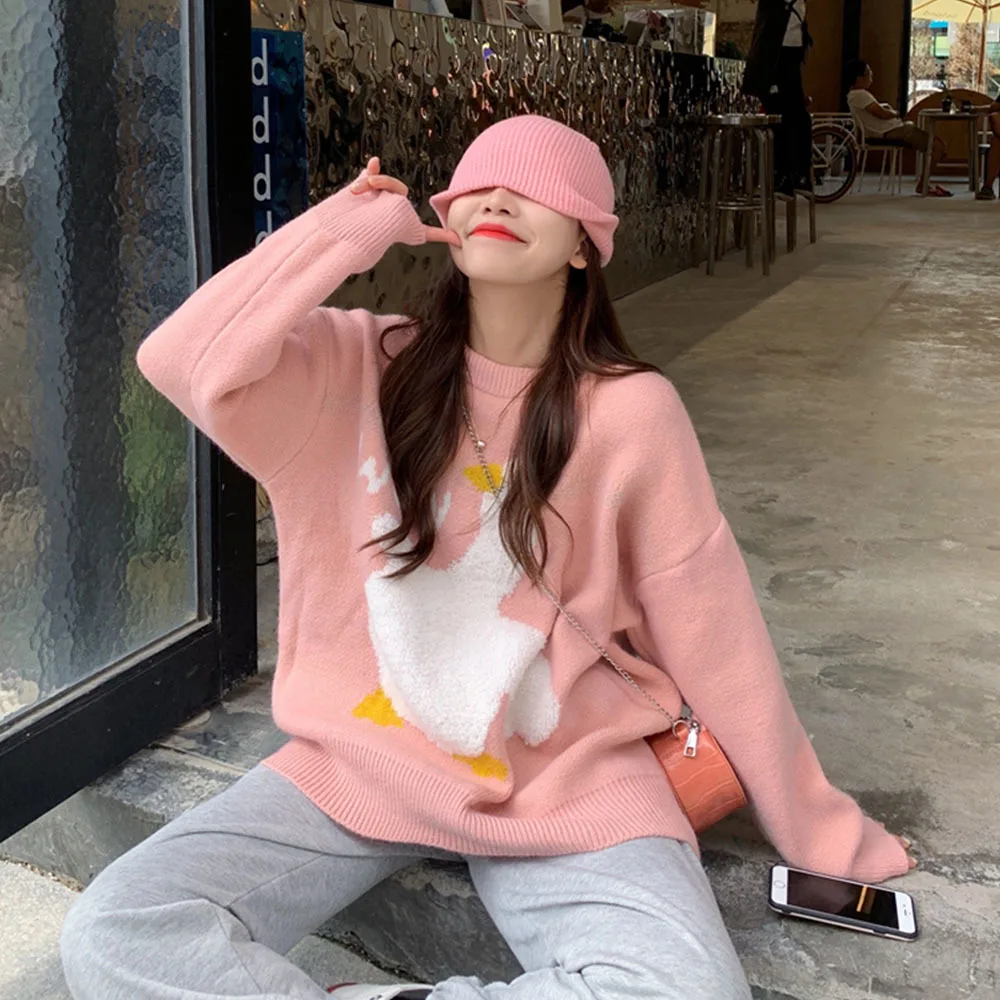 Korean Style Casual Round Neck Pullover Oversize 2XL Japanese Women Sweet Lovely Winter Cartoon Goose Printed Knitted Sweater