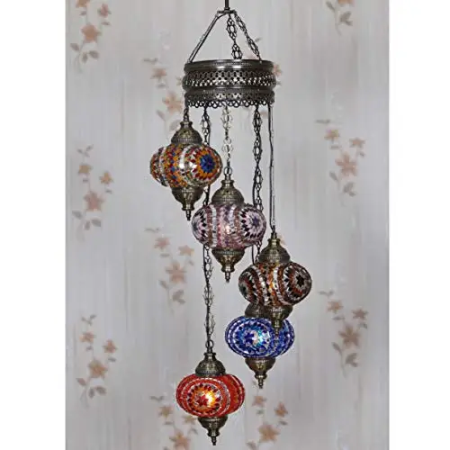 LaModaHome 40 + Unique Colors, 2020 Customizable Chandelier 5 Globes + Free 5 Bulbs, stunning Mosaic Turkish Lamp Moroccan Light