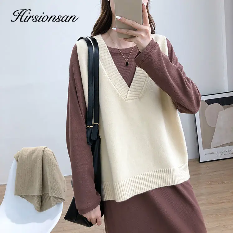 Hirsionsan V Neck Knitted Sweater Vest Women 2023 New Korean Cashmere Loose Vest Pullovers Female Solid Sleeveless Knitwear