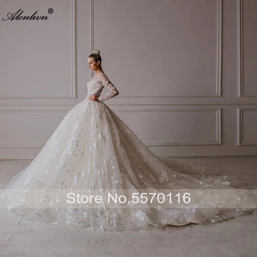 Alonlivn Customize Beaded Pearl Ball Gown Wedding Dress Elegant O-Neck Flower Appliques Full Sleeves Bridal Gowns Robe De Mariee