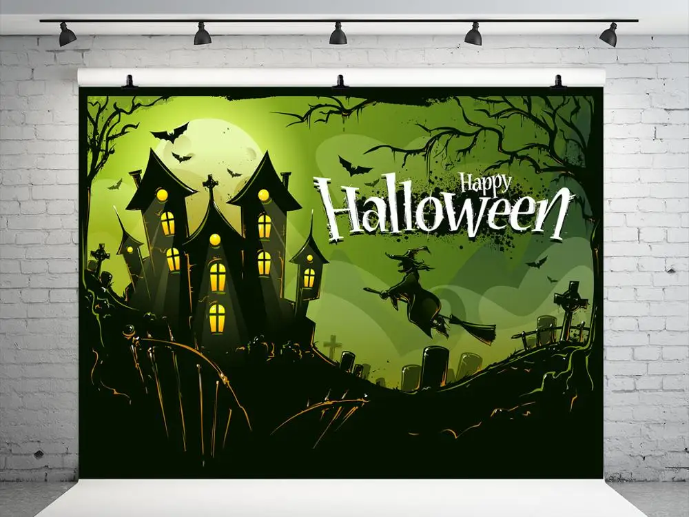 

VinylBDS Green Screen Halloween Photo Backdrops Castle Witch Bat Backgrounds Photography Night Terror for Children Photo Studio