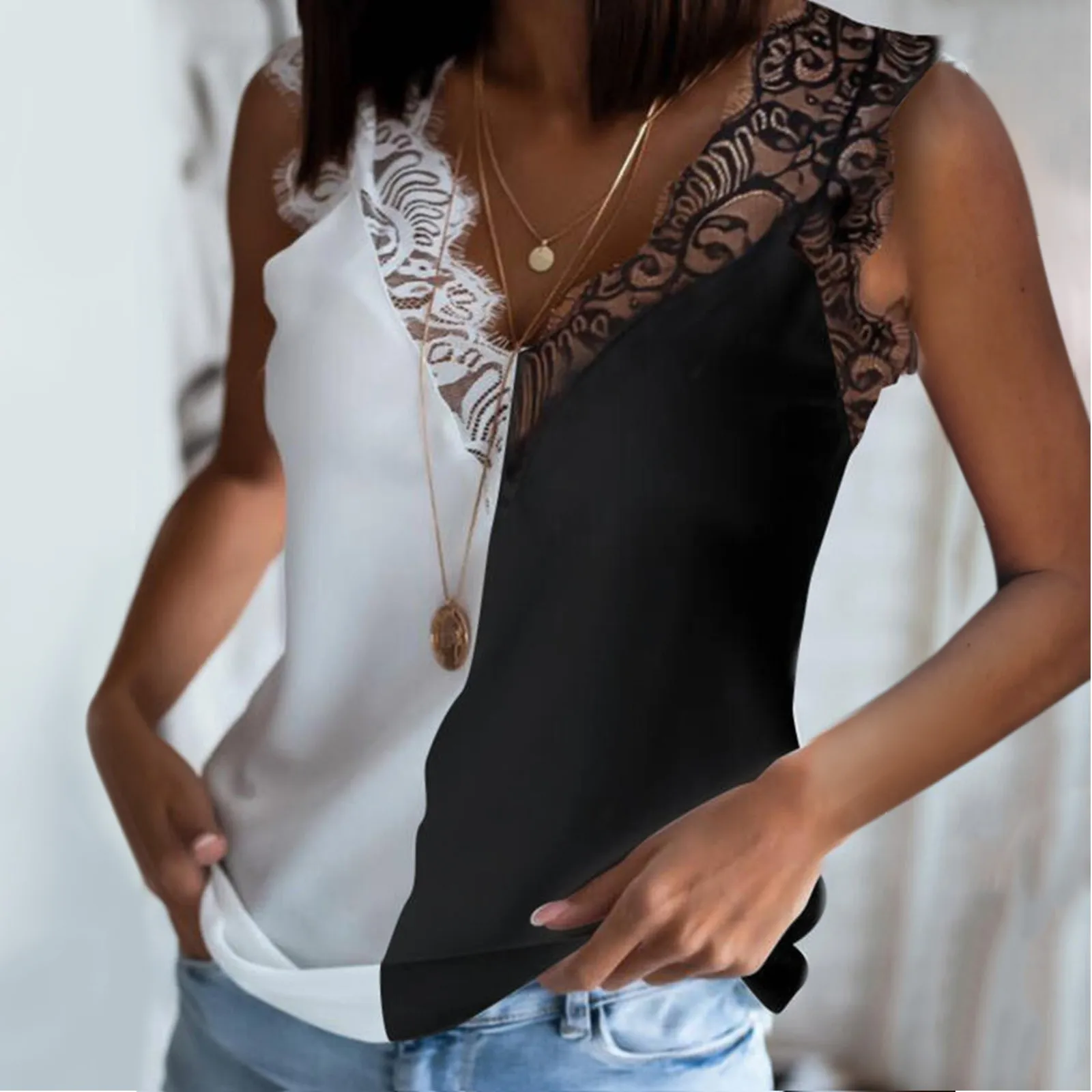 Blouse Women Lace Vest Sleeveless Loose Tank Blouse Shirt Plus Size Feminino Casual Loose Solid Office Elegant Blusas Female Top