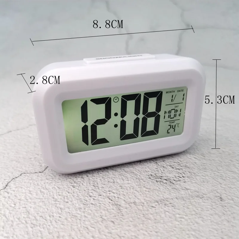 Battery Powered Mini Digital Alarm Clock Temperature Date Week Backlight Snooze Mute Table Clock 12/24H Countdown LCD Clock