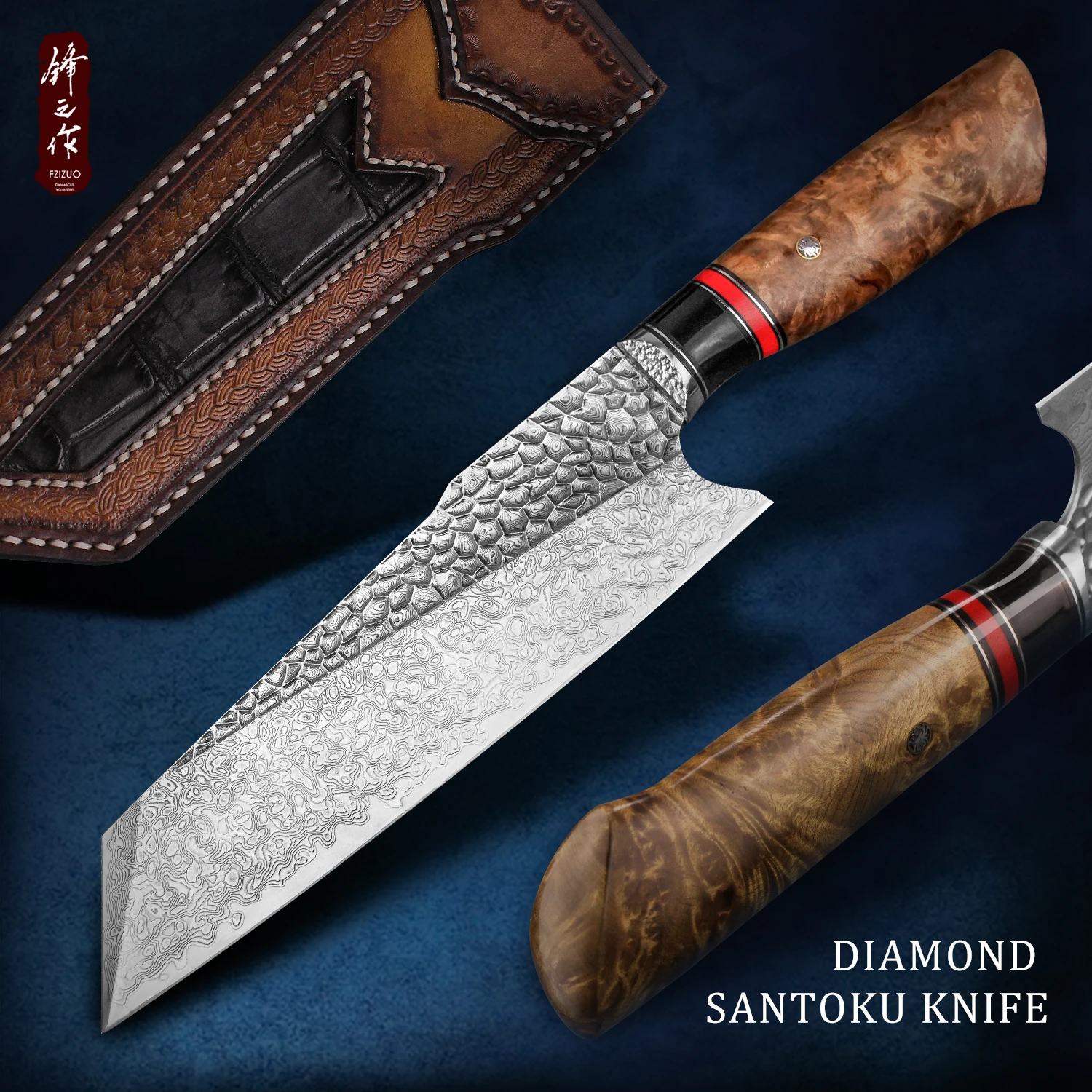 

FZIZUO Japanese Style Santoku Kitchen Knives with Sheath 73 Layers Damascus Steel Chef Knife Meat Fruit Vegetable Cooking Tool