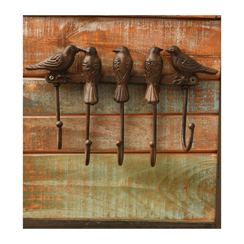 Cast Iron Five Birds Two Key Coat Hooks Wall Hanger Clothes Rail Set, Heavy Duty, Rustic Recycled