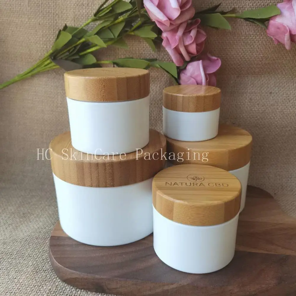 250g 250ml Cosmetic Jar With Bamboo Lid White PP Plastic Skin Care Cream Container Face Mask Hair Mask My Refillable Makeup Jars