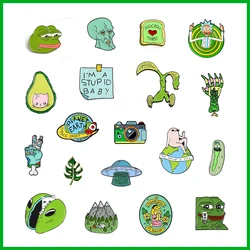 Cartoon Green enamel brooch animal frog cat alloy badge mountain peak leaves earth skeleton camera pin Fashion Clothes jewelry