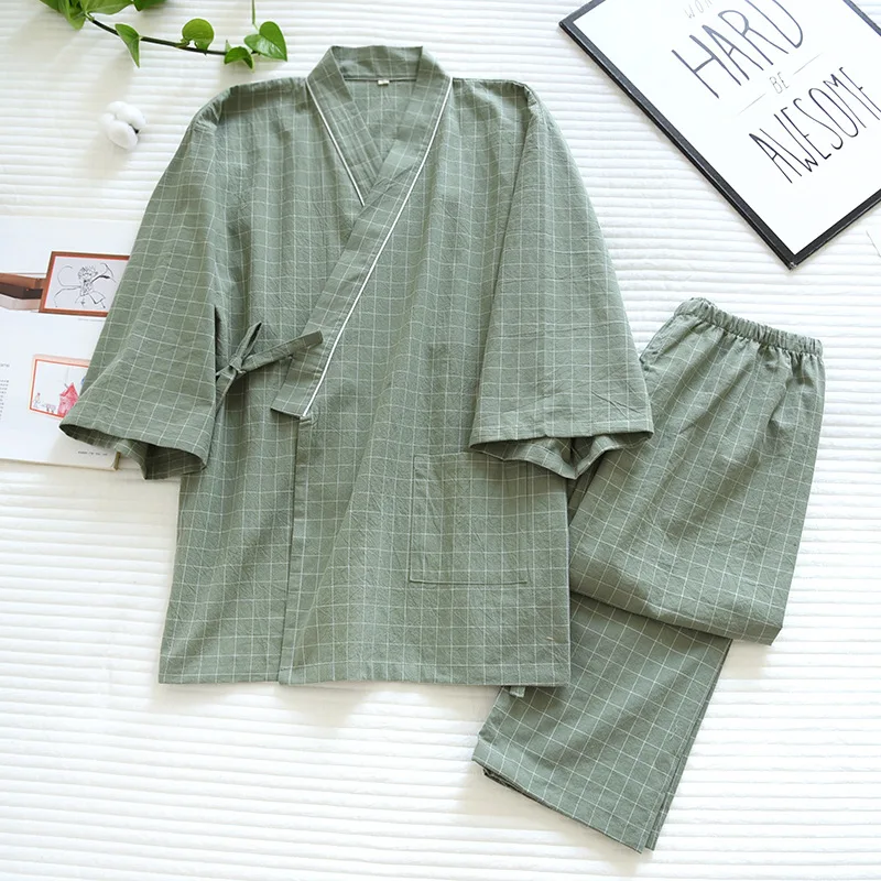 Spring Couple Plaid Kimono Pajamas V-Neck Three Quarter Sleepwear Thin Men and Women Washed Cotton Pijamas 2 Piece Home Clothes