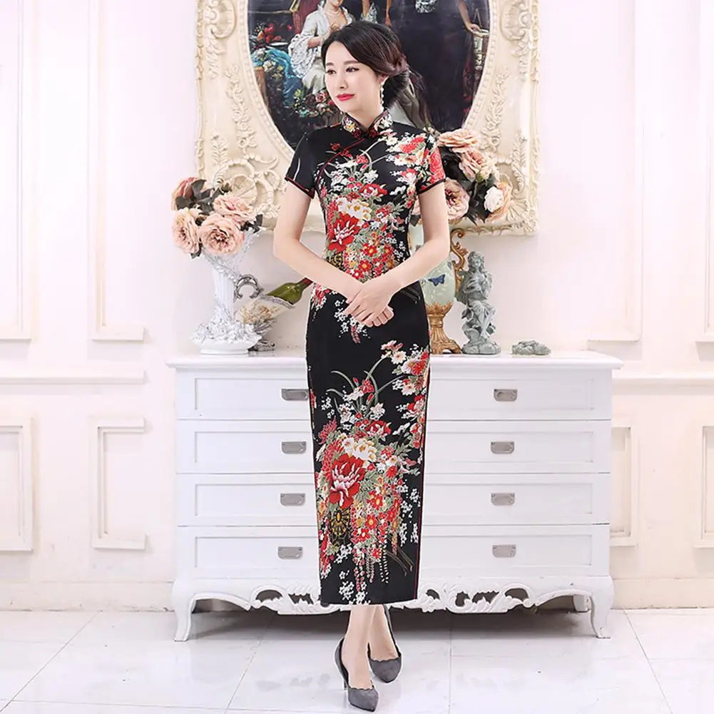 Chinese Traditional Dress Flower Print Elegant Short Sleeve Cheongsam Stand Collar Tight Bodycon Dress Cheongsam Women Dress