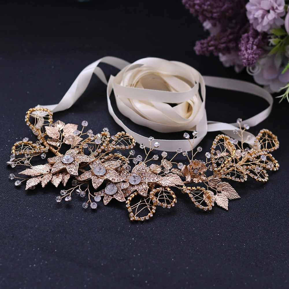 Golden Alloy Flower Sjerpen Bruiloft Riemen Bruids Sjerp Strass Riem Slanke Diamant Riemen Voor Vrouwen Kristal Vrouwelijke Riem Voor Jurk