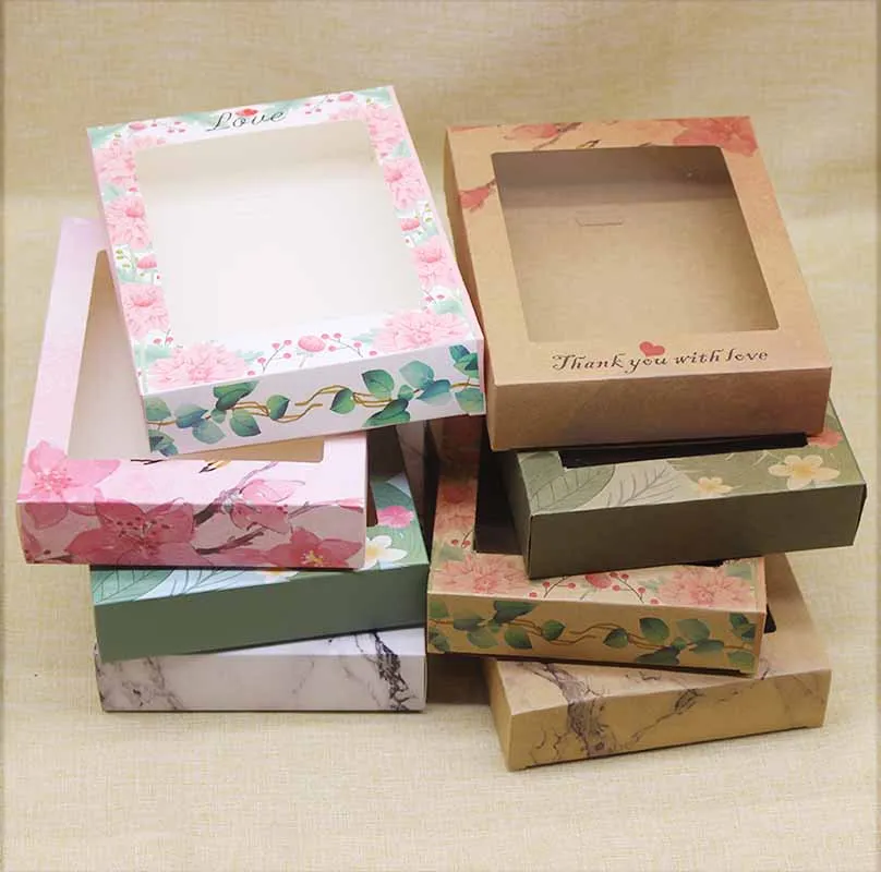 Caja de Papel kraft de 10 piezas, caja de ventana de agradecimiento con estampado de flores, regalos de Navidad, dulces, recuerdos de boda, paquete de fiesta en casa, novedad