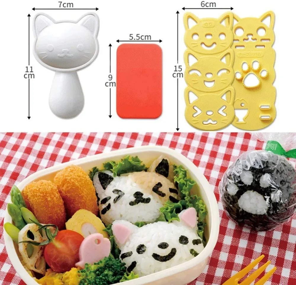 3pcs/set Sushi Mold Rice Ball Mold Cartoon Cat Pattern Sushi Bento Nori Kitchen Rice Decor Kits Sandwich for Baby Kids