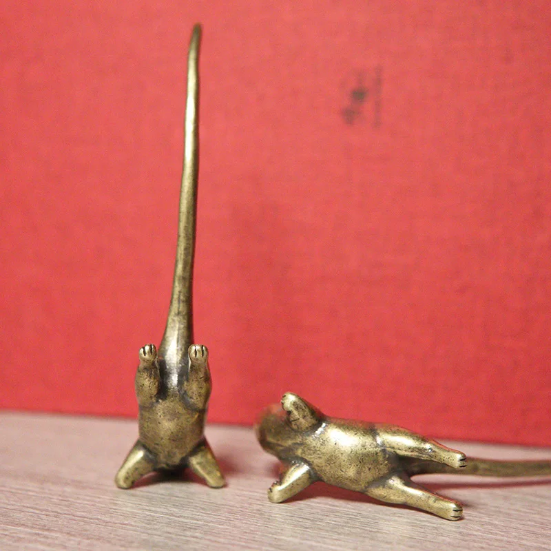 Vintage Brass Long Tail Zodiac Mouse Statue Desktop Ornaments Cute Rat Miniatures Figurines Paperweight Decoration Mice Tea Pets
