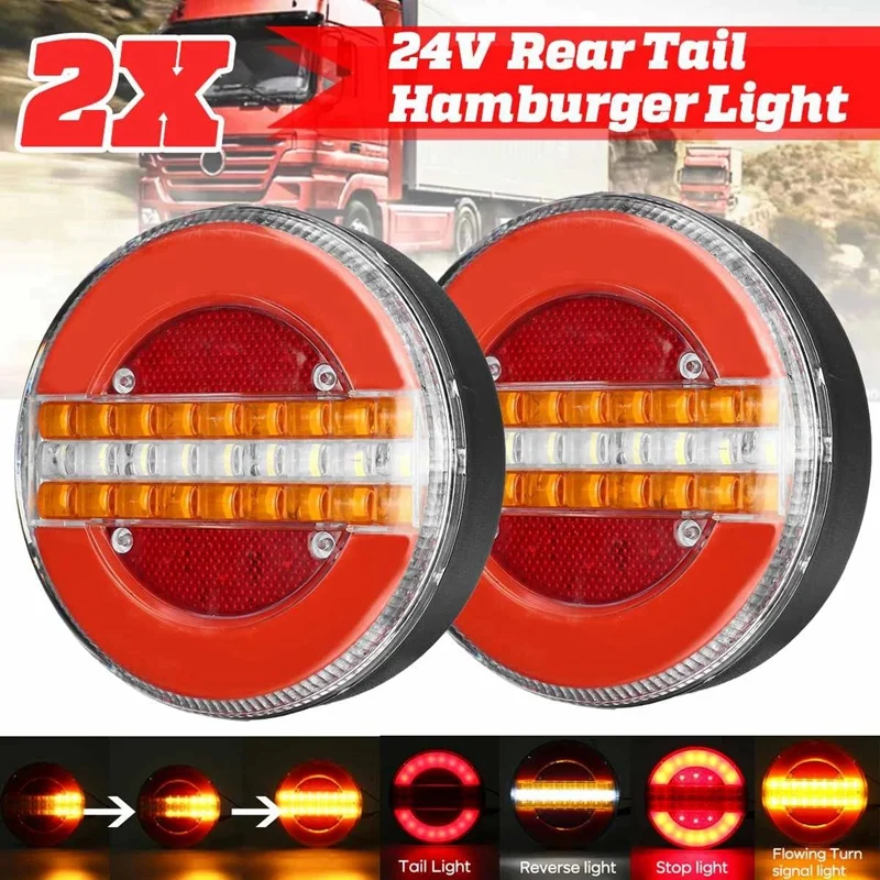 2PCS 4 Inch Trailer Dynamic Tail Light 24V LED Truck Brake Light LED Round Water Hamburger Light for Boats, Buses,Car