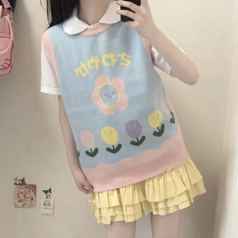 Preppy Style Japanese Sweet Soft Girly O-Neck Cute Sleeveless Cartoon Flowers Color Contrast Pullover Knitting Vest Sweater