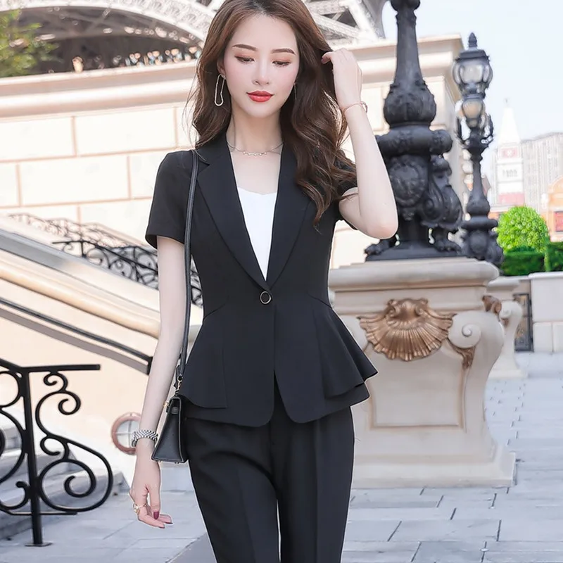 Fashion Women Pants Suit New Summer Business Formal Slim Short Sleeve Blazer and Trousers Office Ladies Work Wear