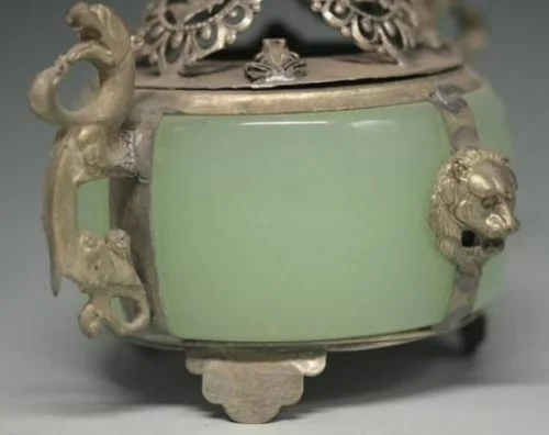 UNIQUE CHINESE SILVER COPPER INLAID JADE DRAGON LION INCENSE BURNER