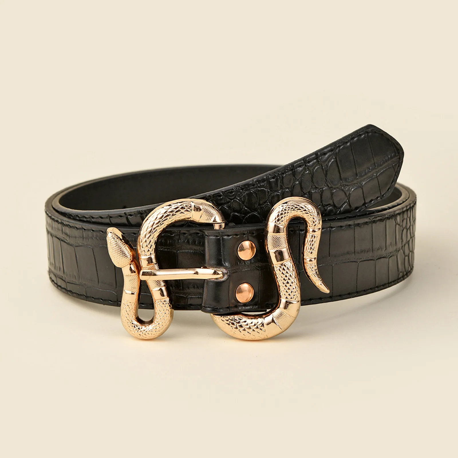 Stylish Snake Belt For Women Male Black Leather Metal Buckle Wide Waist Belt For Adult Dress Jeans