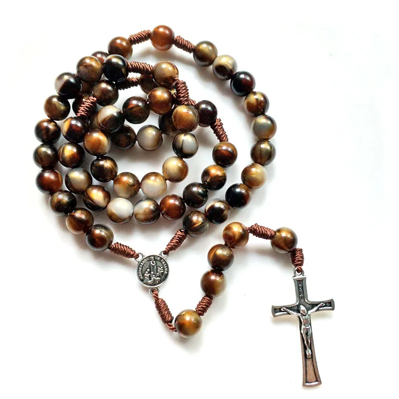 QIGO Vintage Brown Acrylic Rosary Necklace Catholic Jesus Cross Rope Weave Religious Jewelry For Men Women