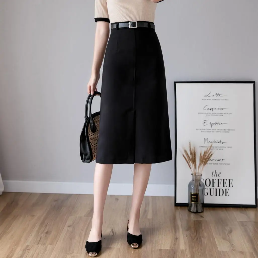 REALEFT Spring 2021 New Korean OL Style Wrap Skirts Solid A-Line Midi Skirts Front Split Sexy Sheath Skirts Belt Office Lady