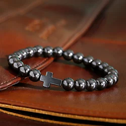 New Men Beads Cross Hematite Bracelets Wholesale Bileklik Meditation Bead Bracelet Women Yoga Jewelry Homme