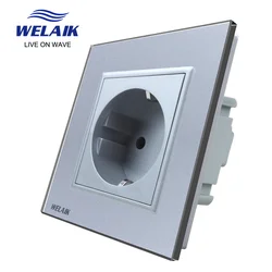 WELAIK EU 16A European Standard 80*80mm Russia Germany Spain Gray Glass Panel Baby Safety Wall Power Socket Outlet 220V   A18ES